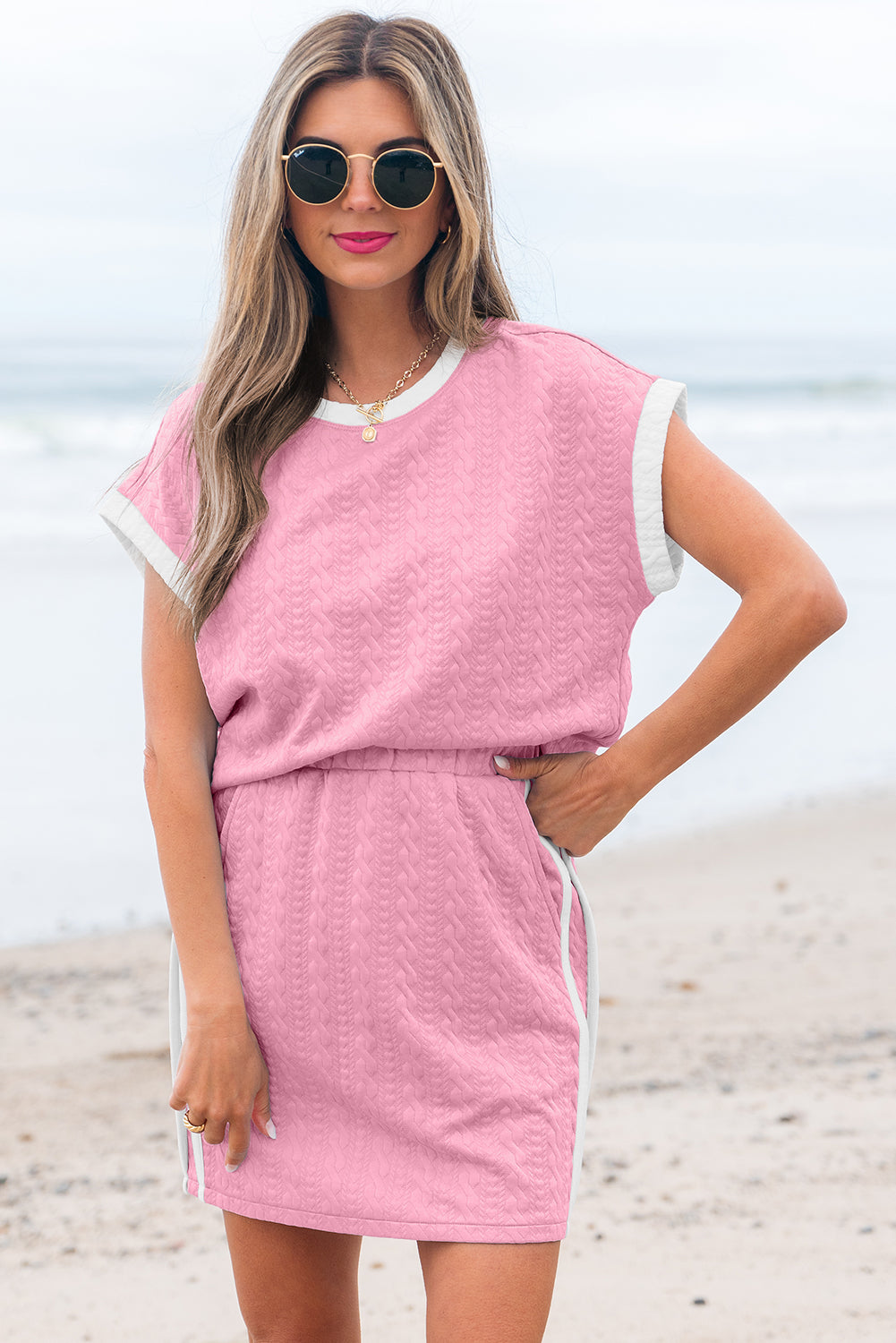 Pink Contrast Trim Textured Crewneck Tee and Pocketed Skirt Set