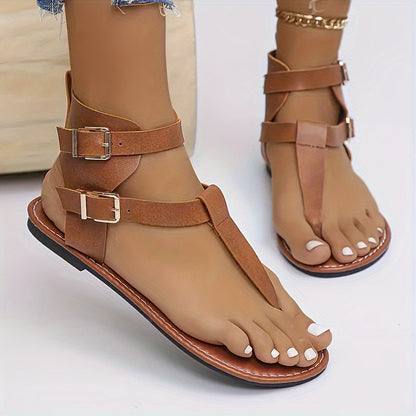 Women's Solid Color Thong Sandals, Buckle Belts Soft Sole Lightweight Casual Shoes, Non-slip Summer Beach Shoes