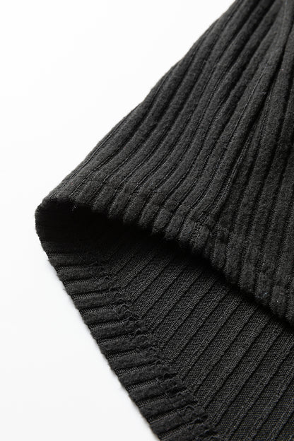 Black Ribbed Notched Neck Knit Long Sleeve Leggings Two Pieces Lounge Set