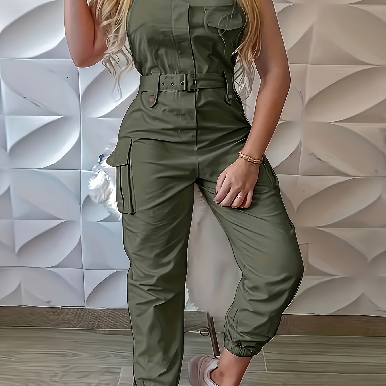 Solid Flap Pocket Belted Overall Jumpsuit, Casual Buckle Detail Loose Jumpsuit, Women's Clothing