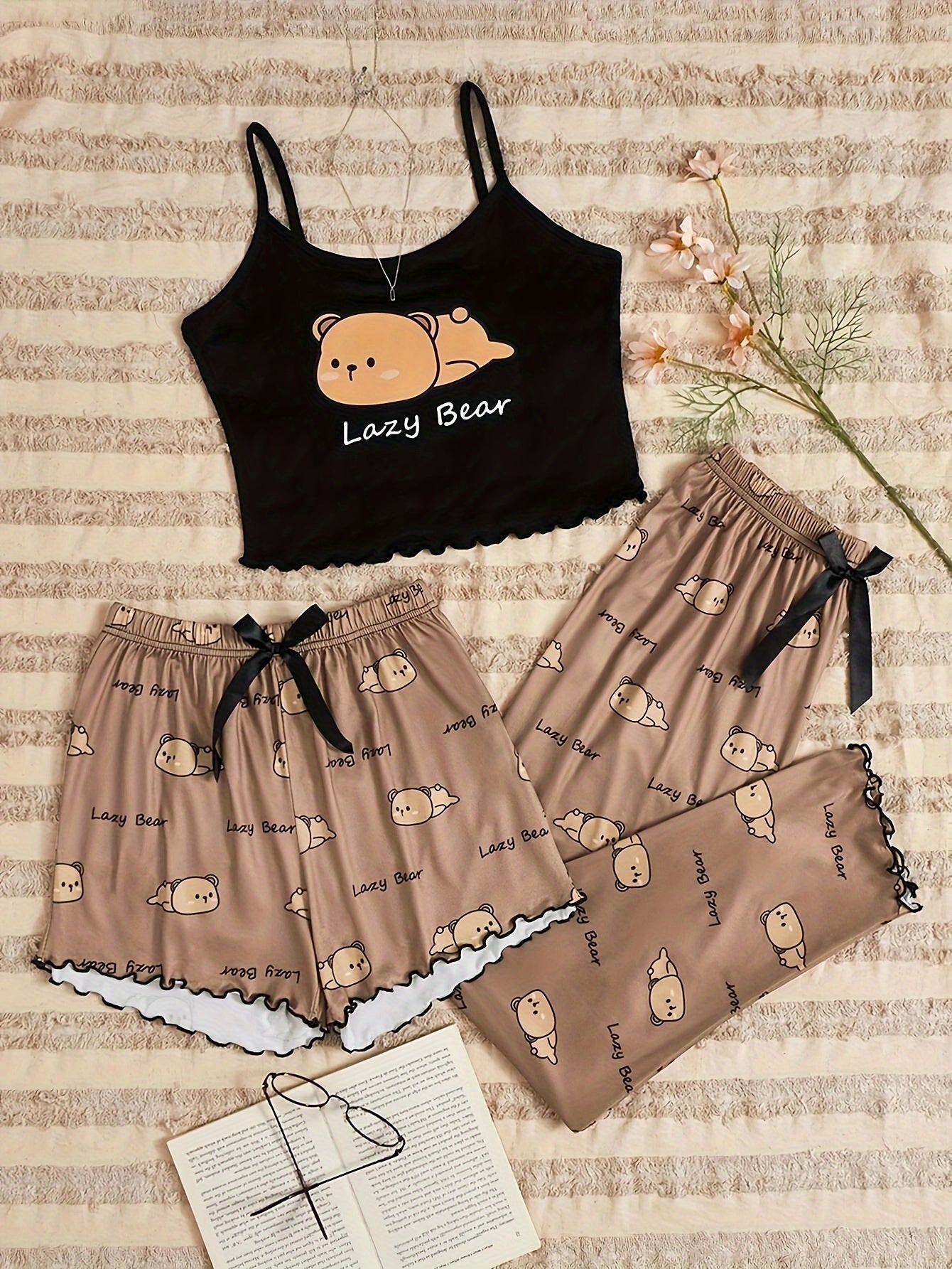 Adorable Bear & Letter Print Pajama Set - Soft, Relaxed Fit, Round Neck, Backless Crop Cami Top, Shorts & Pants, Comfortable Sleepwear for Women - Cute, Cozy, and Stylish Nightwear