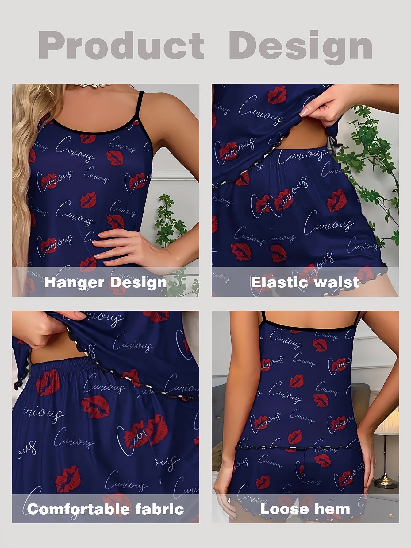 Flirty Red Lip & Letter Print Pajama Set - Ruffled Crew Neck Cami Top & Elastic Shorts - Romantic Valentines Day Loungewear for Women - Comfortable Sleepwear Perfect for Cozy Nights In