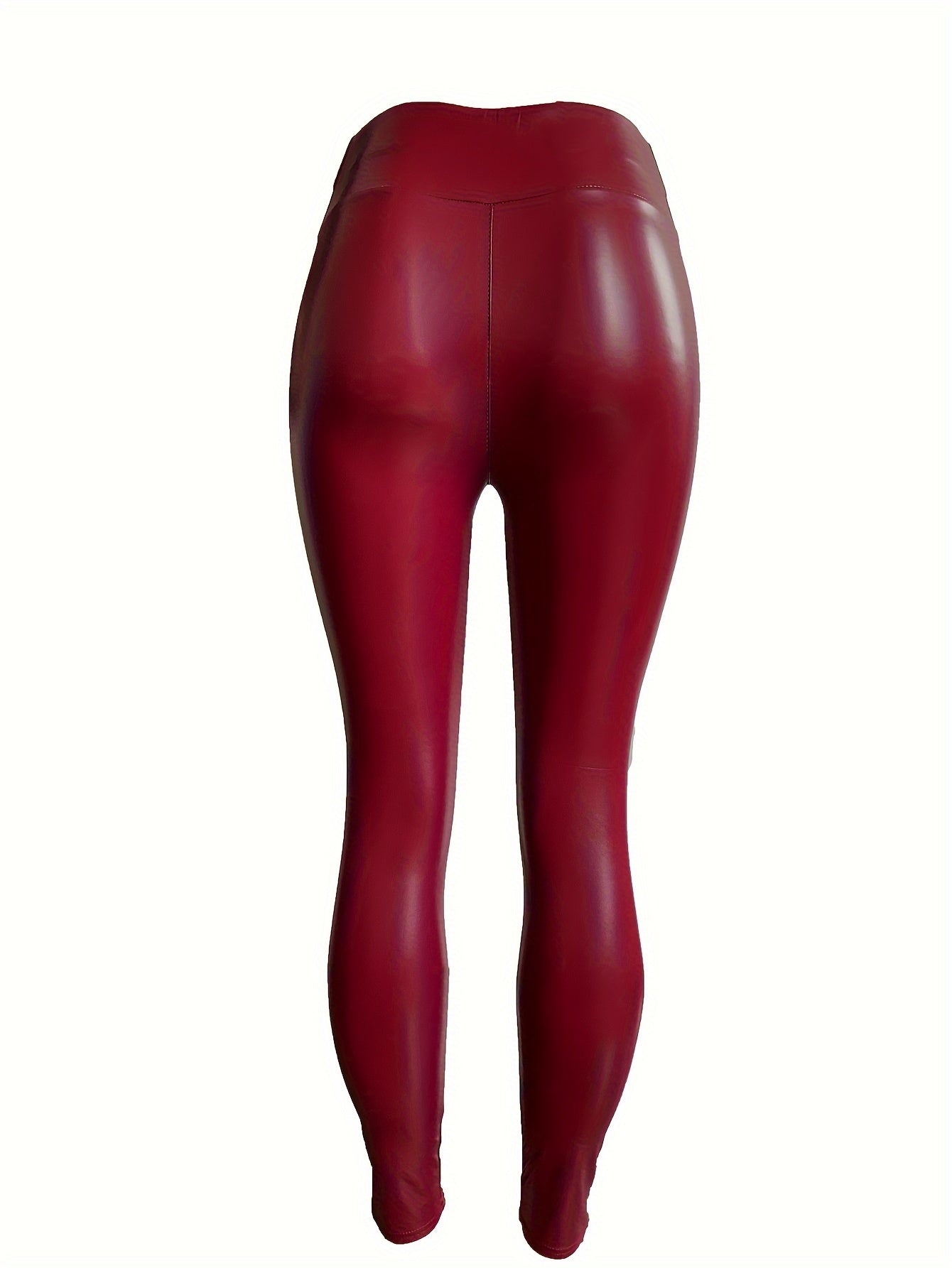 Solid Faux Leather Skinny Leggings, Vintage High Waist Slim Leggings, Women's Clothing