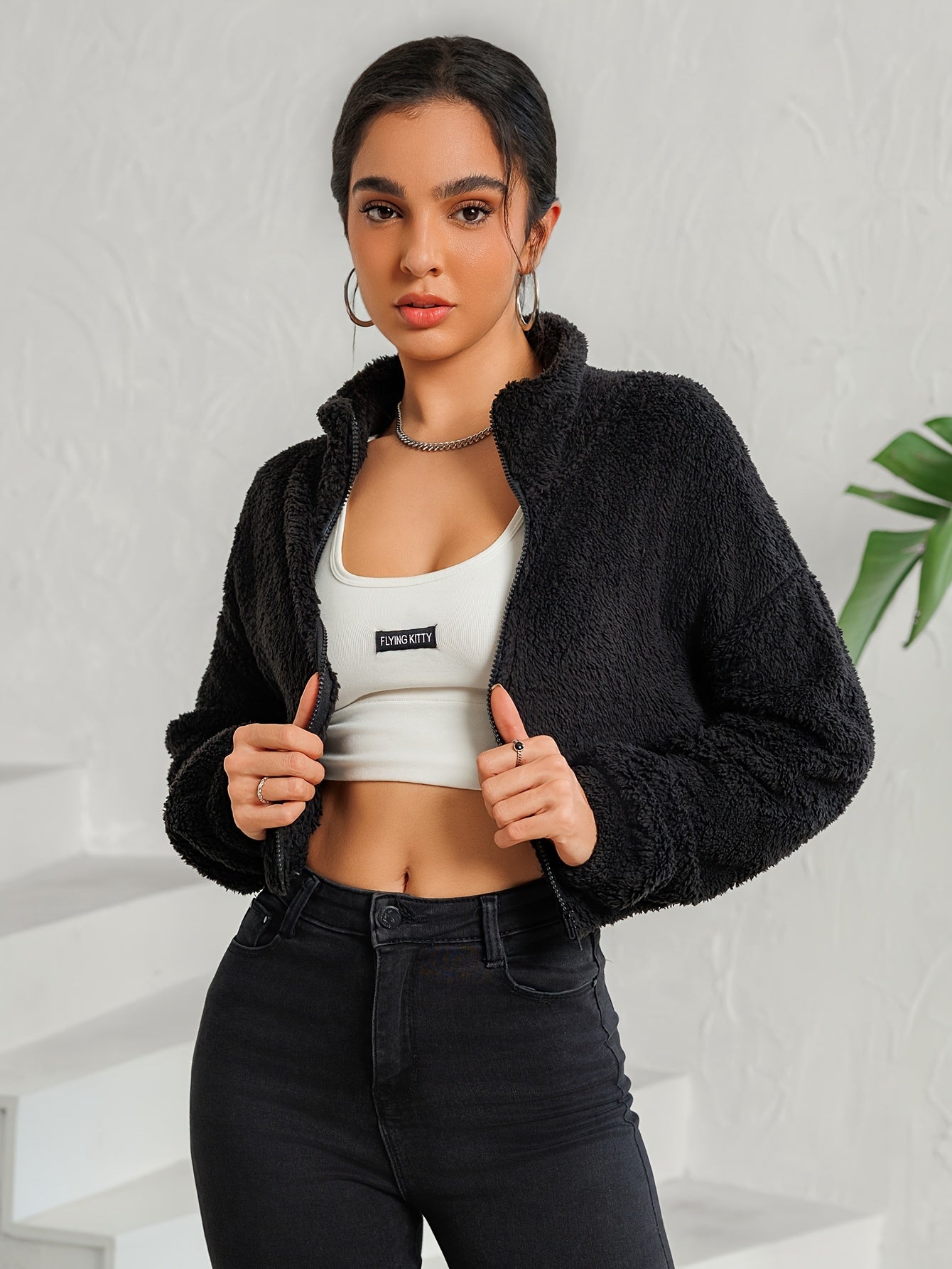 Drop Shoulder Zip Up Jacket, Casual Long Sleeve Fuzzy Crop Jacket For Spring & Fall, Women's Clothing