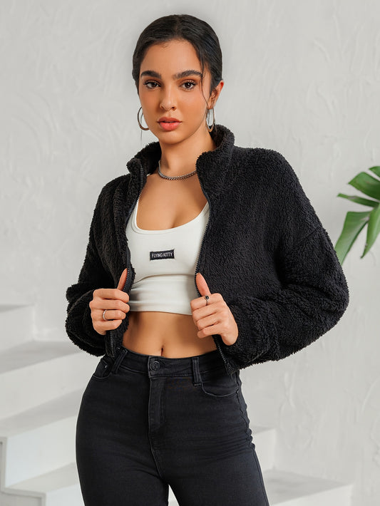 Drop Shoulder Zip Up Jacket, Casual Long Sleeve Fuzzy Crop Jacket For Spring & Fall, Women's Clothing