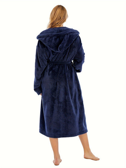 Elegant Polyester Hooded Dressing Gown for Women - Casual Long Sleeve Solid Color Lounge Robe with Belt, Flannel Winter Sleepwear with Hood, Knit Fabric, Warm Plush Lined Bathrobe for Fall/Winter