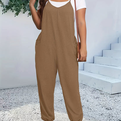 Plus Size Chic Cami Jumpsuit - Comfort-Fit with Tapered Leg, V-Neck Design, and Convenient Pockets - Versatile for Casual and Everyday Wear