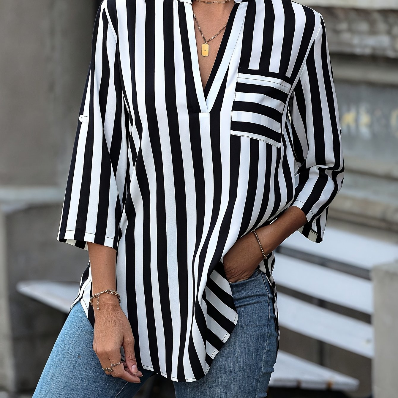 Vibrant Striped Loose Fit Blouse - Notched Neck, Roll Up Sleeves, Casual Chic for Spring & Fall, Comfortable Women's Clothing for Everyday Wear