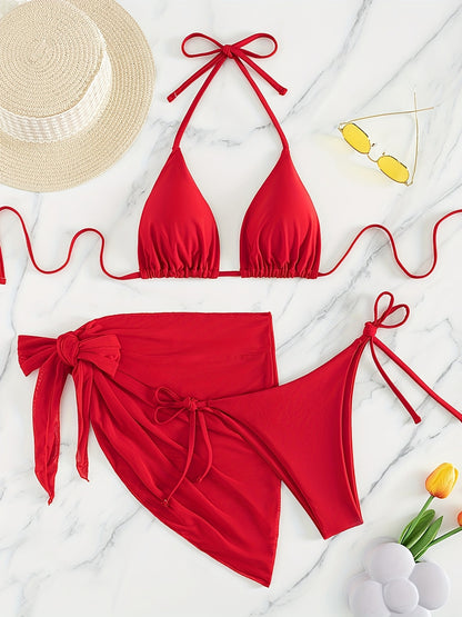 Women's 3pcs High-Elasticity Halter Neck Bikini Set with Beach Skirt - Vibrant Red Triangle Tie Front Bikini, Full Coverage Swimsuit & Adjustable Back Skirt, Machine Washable Summer Pool & Vacation Outfit