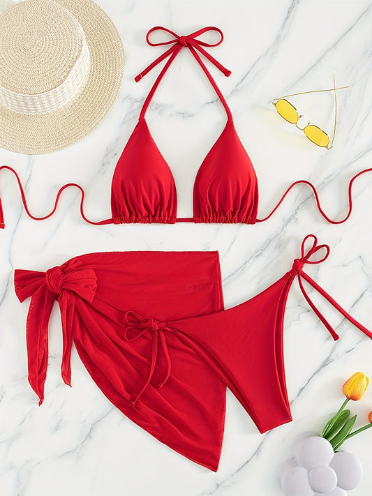 Women's 3pcs High-Elasticity Halter Neck Bikini Set with Beach Skirt - Vibrant Red Triangle Tie Front Bikini, Full Coverage Swimsuit & Adjustable Back Skirt, Machine Washable Summer Pool & Vacation Outfit