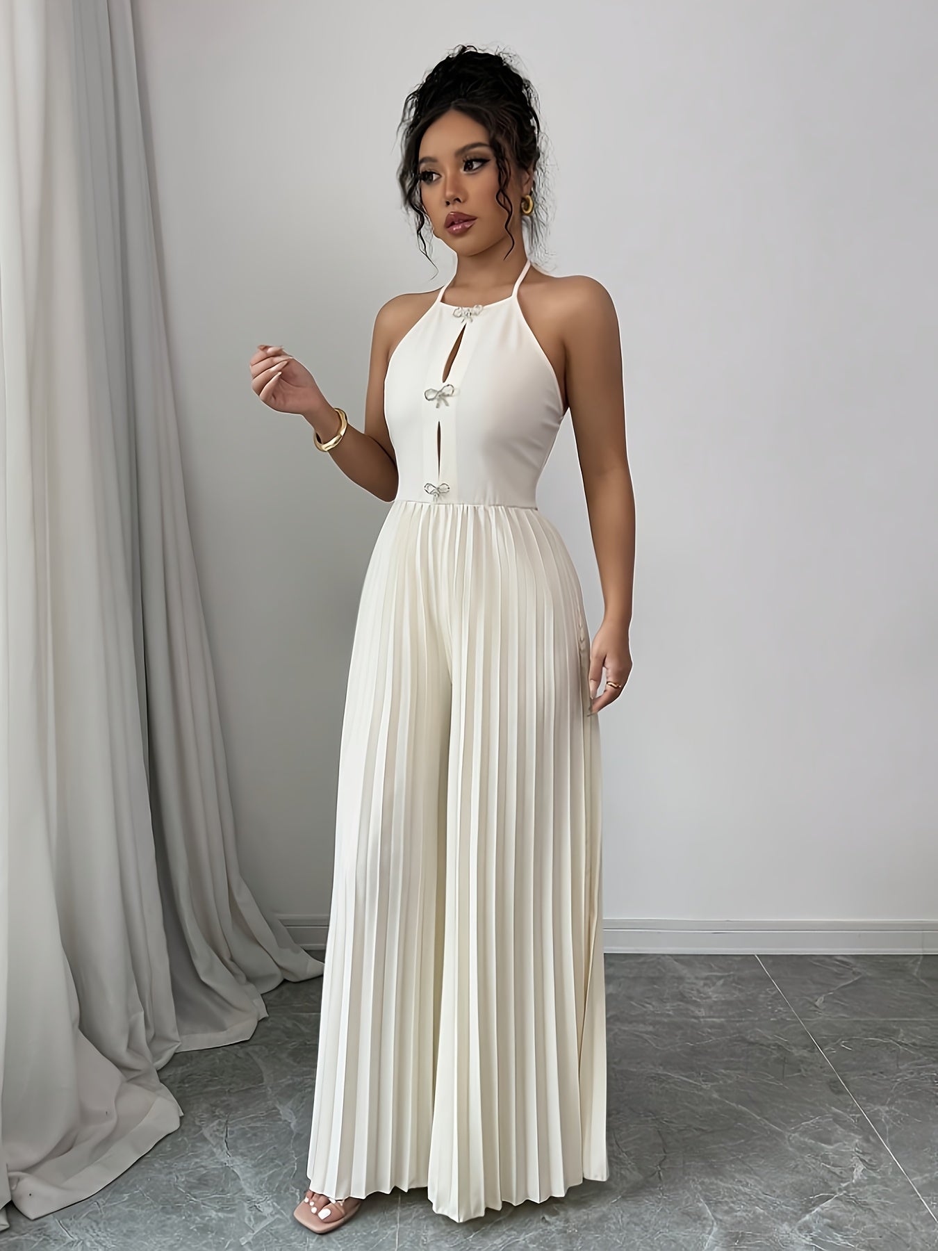 Women's Elegant Beige Halter Neck Jumpsuit - Striped Pleated Wide-Leg Romper, Machine Washable All-Season Versatile Outfit for Casual & Formal Events, Formal Attire | Chic Design | Smooth Texture