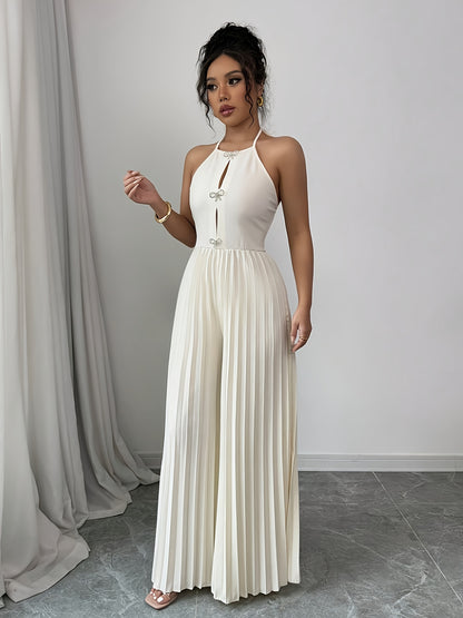 Women's Elegant Beige Halter Neck Jumpsuit - Striped Pleated Wide-Leg Romper, Machine Washable All-Season Versatile Outfit for Casual & Formal Events, Formal Attire | Chic Design | Smooth Texture