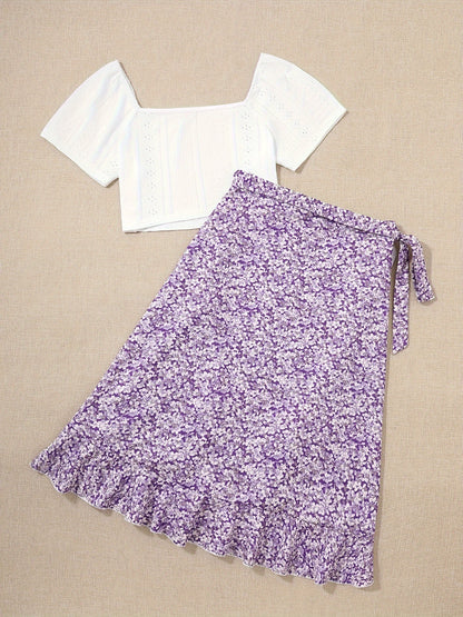 Vacation Ready - Chic Square Neck Crop Top & Adjustable Print Wrap Skirt Set - Flirty Short Sleeves, Womens Two-Piece Outfit