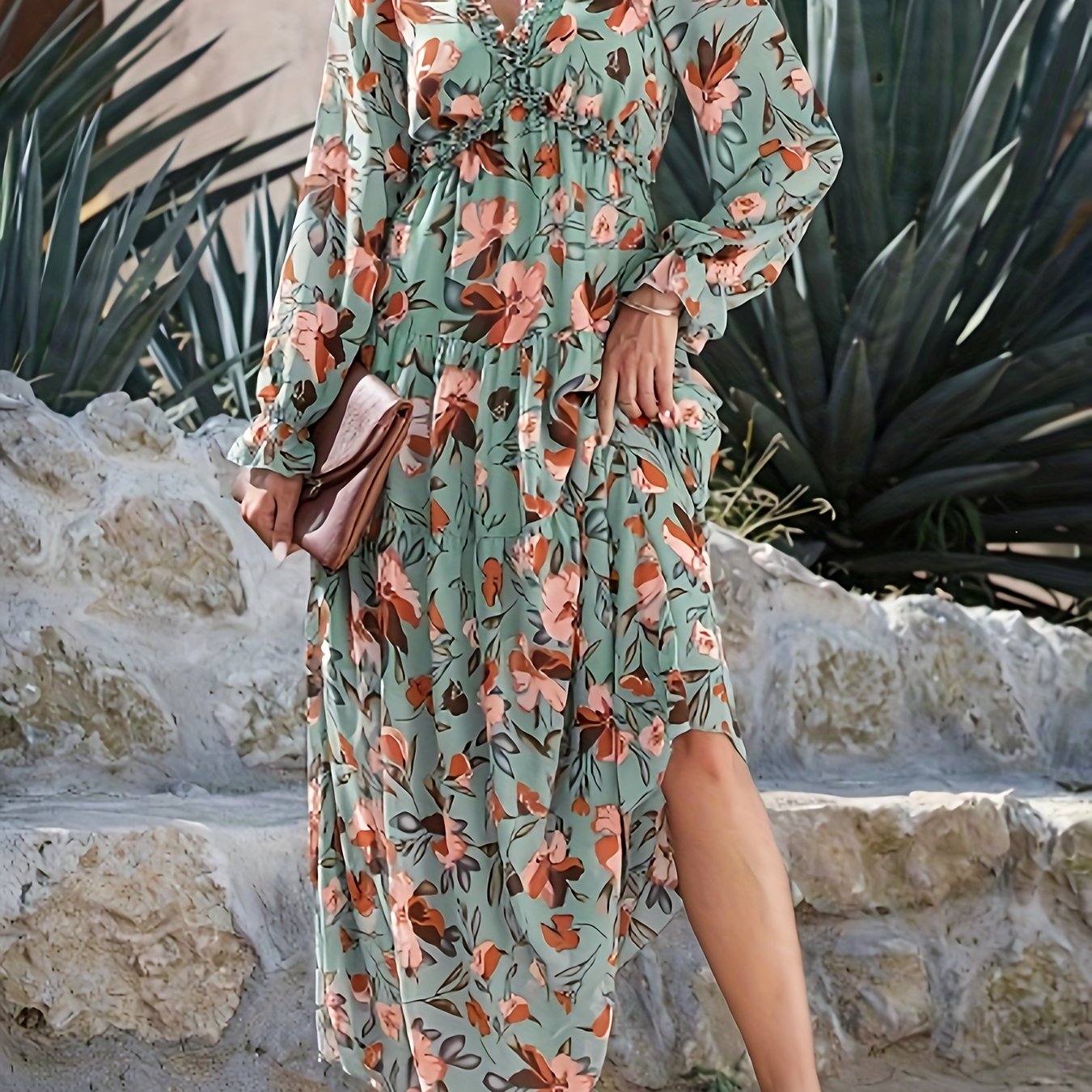 Lightweight Chiffon Floral Maxi Dress for Women - V-Neck, Long Sleeve, Layered Ruffle Hem, Bell-Bottom Maxi with Adjustable Waist Cincher, Perfect for Spring/Summer/Fall Vacations, Vacation Dress | Flowing Maxi Dress | Flowin
