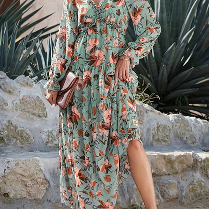 Lightweight Chiffon Floral Maxi Dress for Women - V-Neck, Long Sleeve, Layered Ruffle Hem, Bell-Bottom Maxi with Adjustable Waist Cincher, Perfect for Spring/Summer/Fall Vacations, Vacation Dress | Flowing Maxi Dress | Flowin