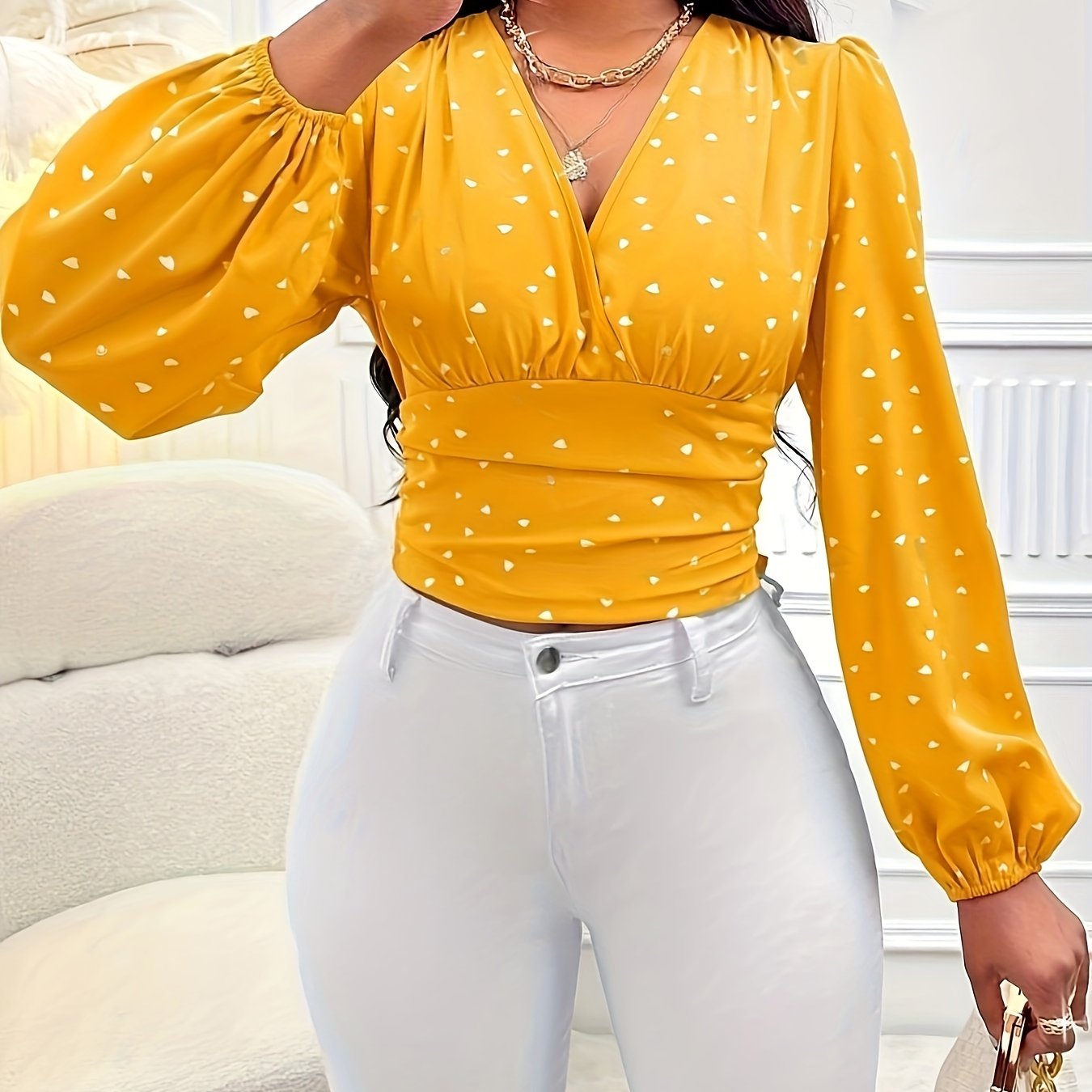 Allover Print V Neck Blouse, Elegant Long Sleeve Shirred Top For Spring & Fall, Women's Clothing