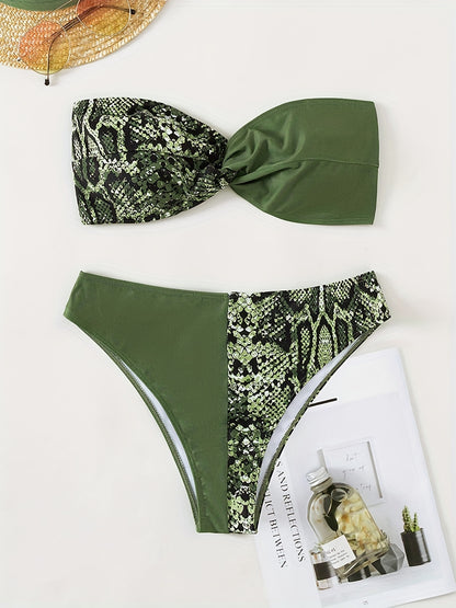 Snakeskin Print Green Bandeau 2 Piece Set Bikini, Knot Back Stretchy Patchwork Swimsuits, Women's Swimwear & Clothing