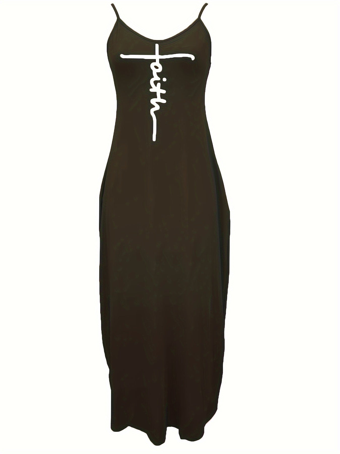 Faith Print Backless Dress, Casual Spaghetti Strap V Neck Loose Dress, Women's Clothing