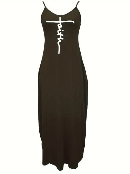 Faith Print Backless Dress, Casual Spaghetti Strap V Neck Loose Dress, Women's Clothing