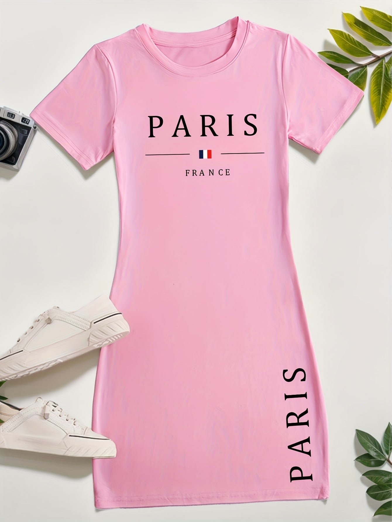 Ladies' New Spring And Summer Casual T-Shirt Dress Featuring The Words 'PARIS' And 'FRANCE' Along with a Print of The French Flag. This Short-Sleeved Dress Is Perfect for Casual Outings, Sleepwear, Loungewear, And Makes a Gre