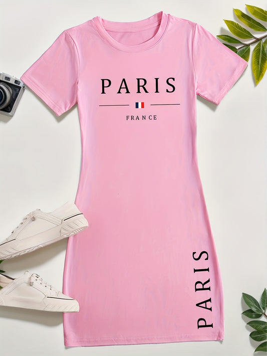 Ladies' New Spring And Summer Casual T-Shirt Dress Featuring The Words 'PARIS' And 'FRANCE' Along with a Print of The French Flag. This Short-Sleeved Dress Is Perfect for Casual Outings, Sleepwear, Loungewear, And Makes a Gre