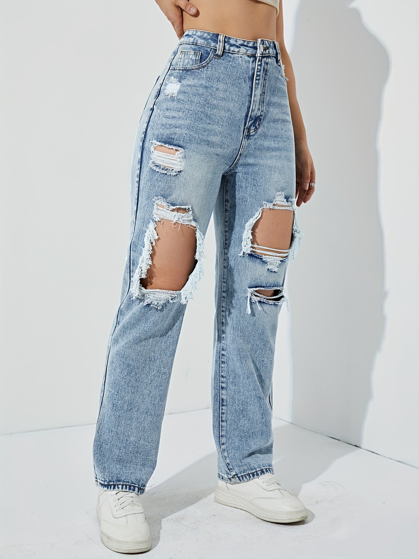 Blue Ripped Holes Straight Jeans, Distressed Slant Pockets Boyfriend Jeans, Women's Denim Jeans & Clothing