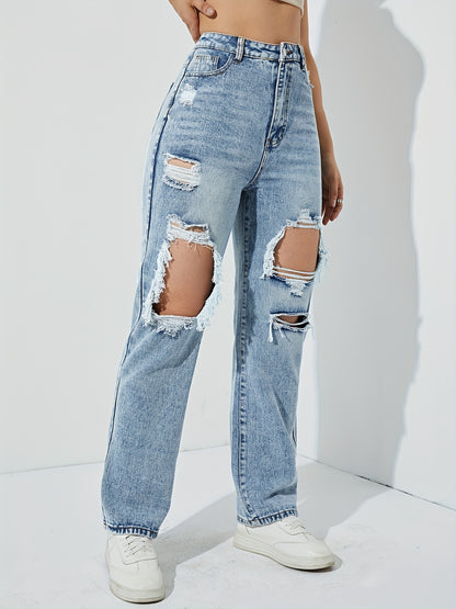 Blue Ripped Holes Straight Jeans, Distressed Slant Pockets Boyfriend Jeans, Women's Denim Jeans & Clothing