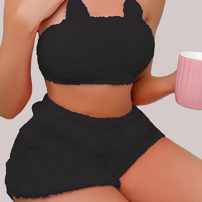 Sexy Solid Plush Lounge Set, Tube Crop Top & Elastic Shorts, Women's Loungewear for fall & winter