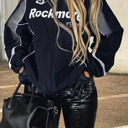 Retro Streetwear-Inspired Women's Casual Jacket - Loose Fit, High Neck Zip-Up With Vintage Print Design For Fall/Winter