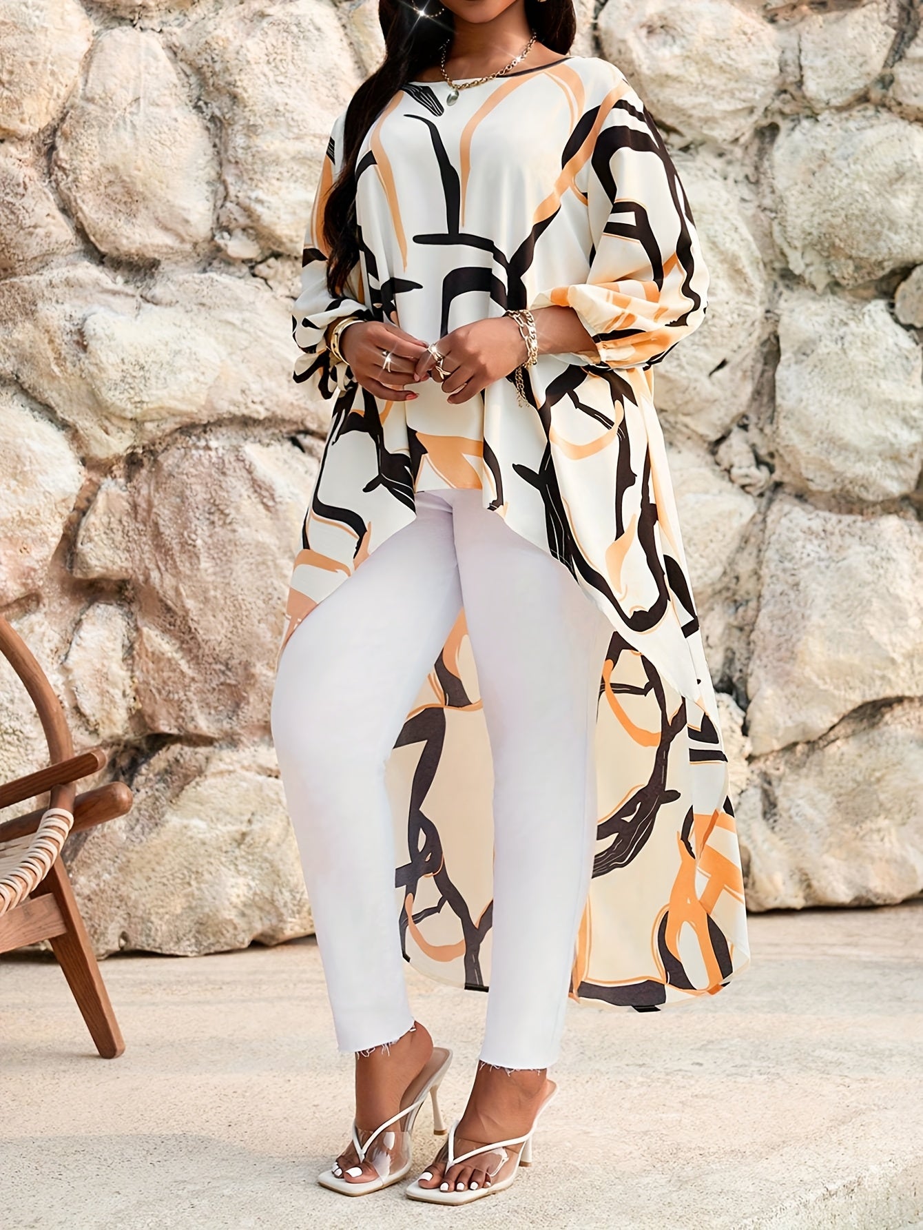 Women's Plus Size Abstract Print Blouse - Elegant Summer Shirt with Asymmetrical Hem, Round Neck, Machine Washable, White/Black/Orange/Beige, Casual to Formal Wear, Versatile Fashion, Flowy Fabric Top