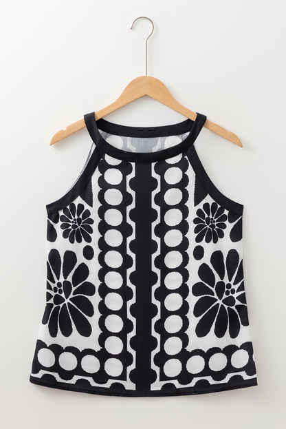 Black Abstract Dot Flower Print Tank Top