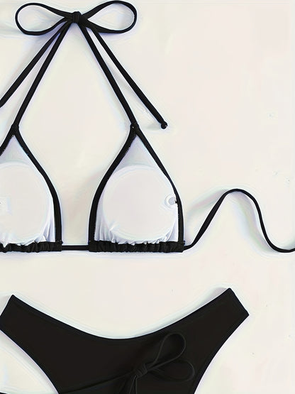 Solid Color 3 piece Set Bikini, Halter Neck Backless Swimsuits, Women's Swimwear & Clothing