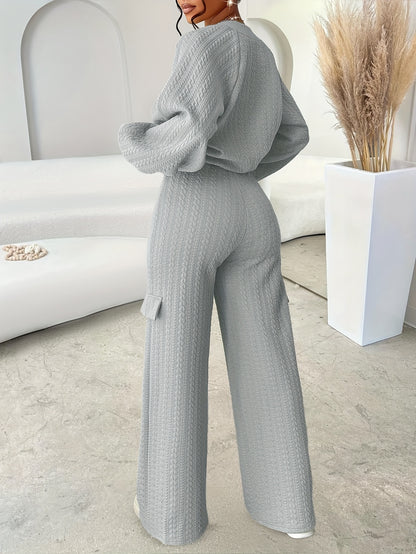 Women'S Casual Chic Two-Piece Set, Solid Color Long Sleeve Zippered Jacket and Straight-Leg Pants, Polyester 95% Elastane 5% Knit Fabric, Crew Neck, Fall/Winter Collection