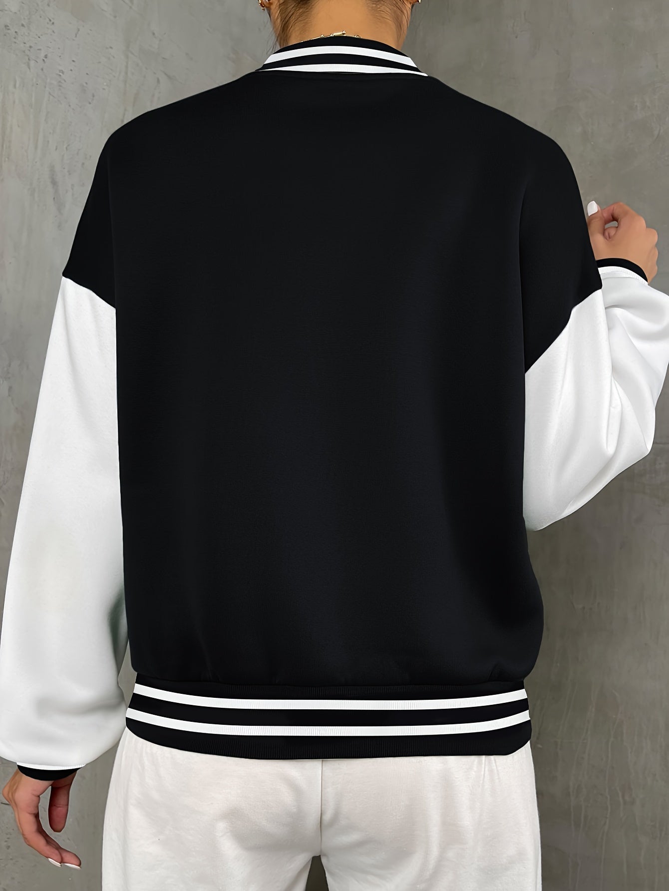Chic NY-Inspired Women's Varsity Jacket - Elegant Black and White Baseball Uniform Style with Large "58.42cm & NYC Lettering, Striped Accents, Button Closure, Long Sleeves - Perfect for Spring & Autumn Casual Wear