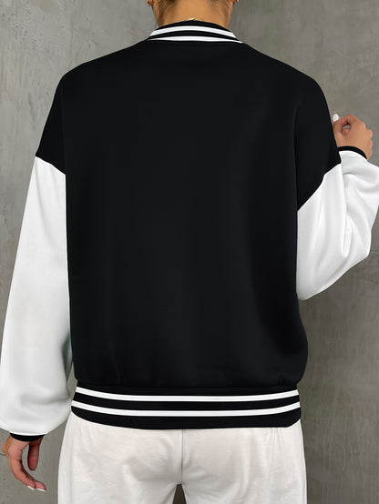 Chic NY-Inspired Women's Varsity Jacket - Elegant Black and White Baseball Uniform Style with Large "58.42cm & NYC Lettering, Striped Accents, Button Closure, Long Sleeves - Perfect for Spring & Autumn Casual Wear