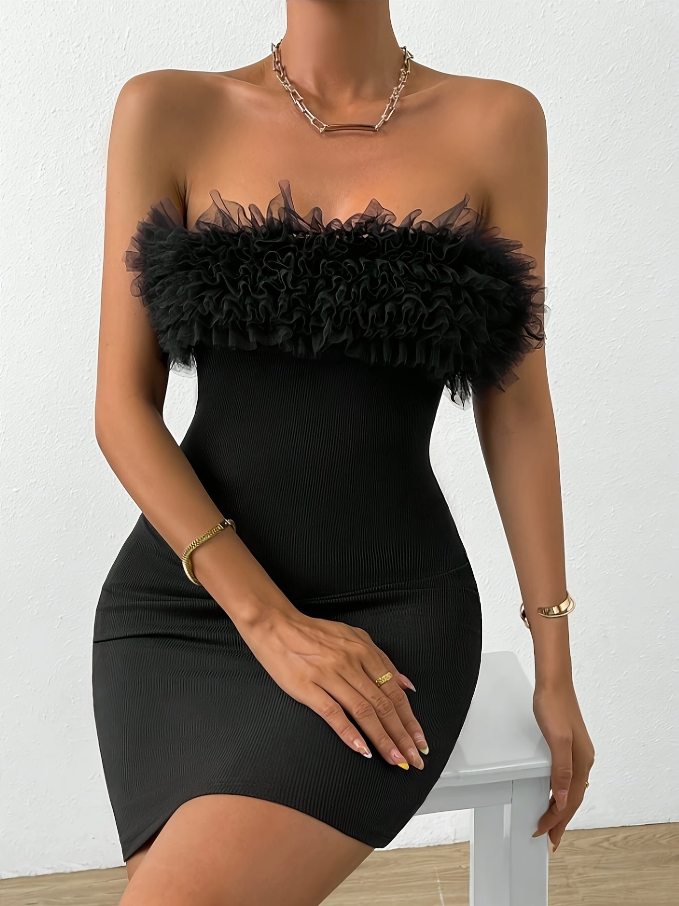 Mesh Trim Tube Dress, Elegant Solid Off Shoulder Bodycon Dress, Women's Clothing