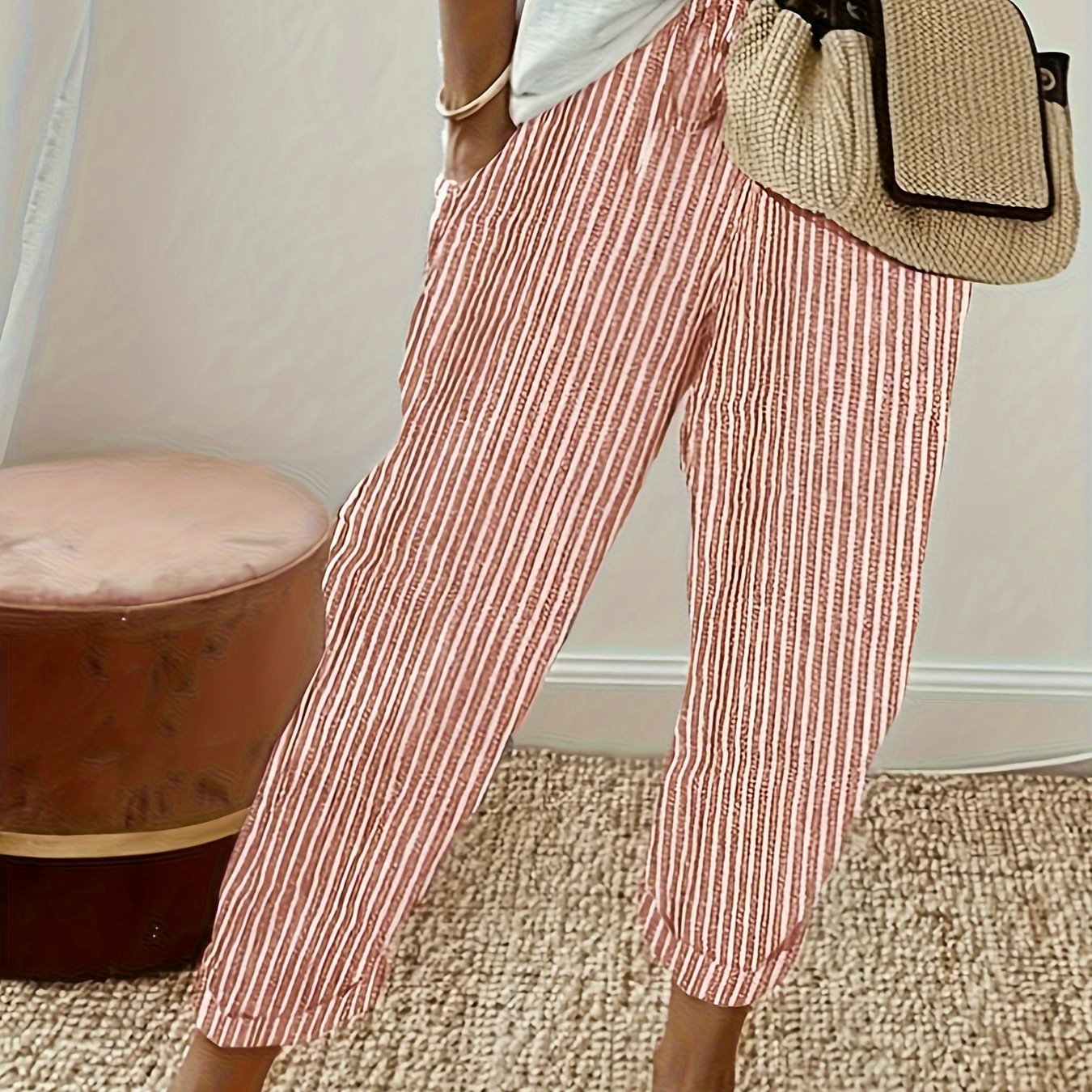Striped Slant Pocket Drawstring Pants, Casual Pants For Spring & Summer, Women's Clothing