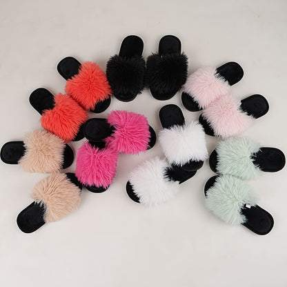 Elegant Women's Faux Fur Slippers - Winter Plush Open Toe Slip-On House Slippers with EVA Sole - Solid Color Fluffy Indoor Cotton Slides - Cixi Production Area
