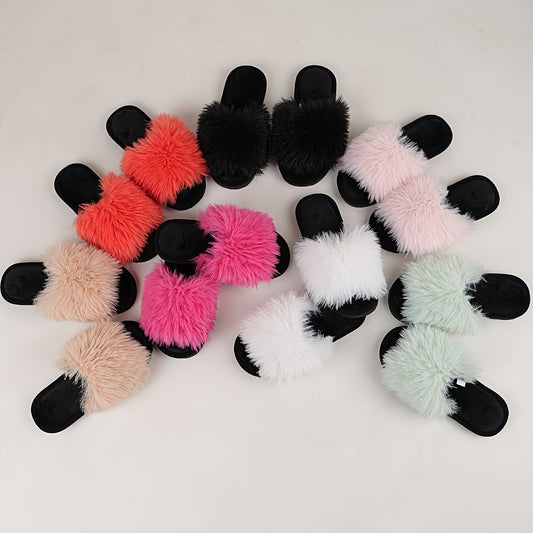 Elegant Women's Faux Fur Slippers - Winter Plush Open Toe Slip-On House Slippers with EVA Sole - Solid Color Fluffy Indoor Cotton Slides - Cixi Production Area