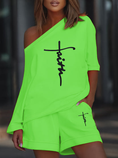 Chic Faith Printed Women's 2-Piece Set – Off-Shoulder Tee & Comfy Drawstring Shorts for Casual Wear