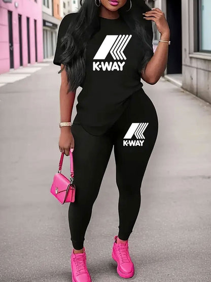 Women'S K-WAY Graphic Print Short Sleeve Crop Top & High-Waisted Leggings Set - Black with White Lettering, Stretchy Polyester Blend, Casual Streetwear Style, Spring/Summer Collection, High Waisted