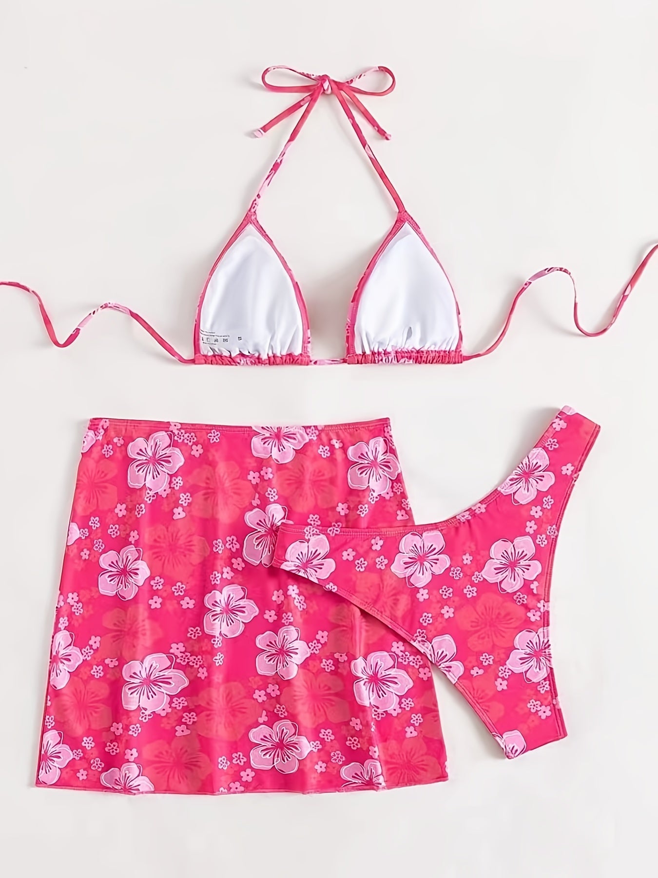 Romantic Pink Floral Halter 3-Piece Swimsuit Set - Adjustable Triangle Bikini with Flirty Wrap Skirt - Perfect Womens Swimwear for Valentines Day