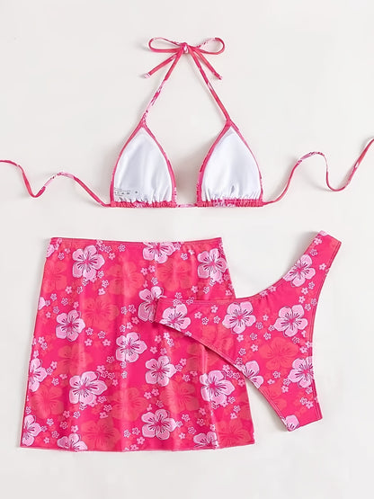 Romantic Pink Floral Halter 3-Piece Swimsuit Set - Adjustable Triangle Bikini with Flirty Wrap Skirt - Perfect Womens Swimwear for Valentines Day