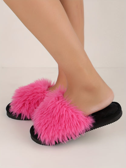 Elegant Women's Faux Fur Slippers - Winter Plush Open Toe Slip-On House Slippers with EVA Sole - Solid Color Fluffy Indoor Cotton Slides - Cixi Production Area