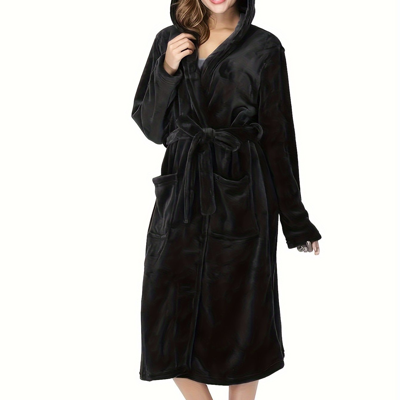 Elegant Polyester Hooded Dressing Gown for Women - Casual Long Sleeve Solid Color Lounge Robe with Belt, Flannel Winter Sleepwear with Hood, Knit Fabric, Warm Plush Lined Bathrobe for Fall/Winter