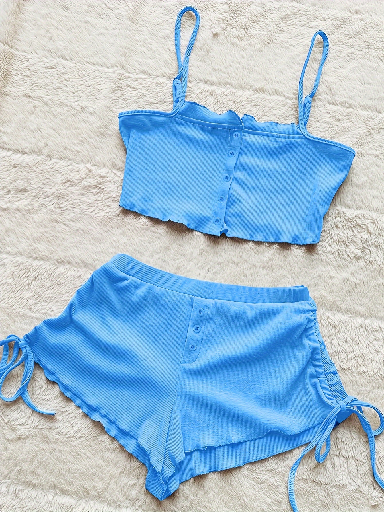 Simple Solid Print Lounge Set, Buttons Cami Top & Drawstring Shorts, Women's Loungewear & Sleepwear Koningsdag/King's Day