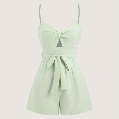Elegant Bowknot Romper with Tie Waist - Chic Solid Color, V-Neck, Sleeveless Jumpsuit for Women - Perfect for Vacation, Parties & Casual Outfits, Vacation Dress | Bowknot Design | Twist Detail, Bowknot Jumpsuit