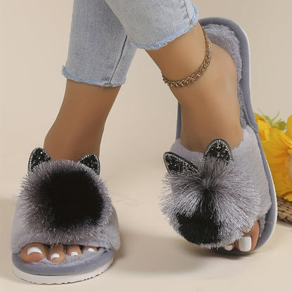 [Cute Slippers] Soft Women's Slip-On Slippers | All-Season Indoor House Shoes with Plush Faux Fur Trim & Sparkling Embellishments - Cute Slippers, Loungewear Essentials, Playful Design, Durable EVA Sole
