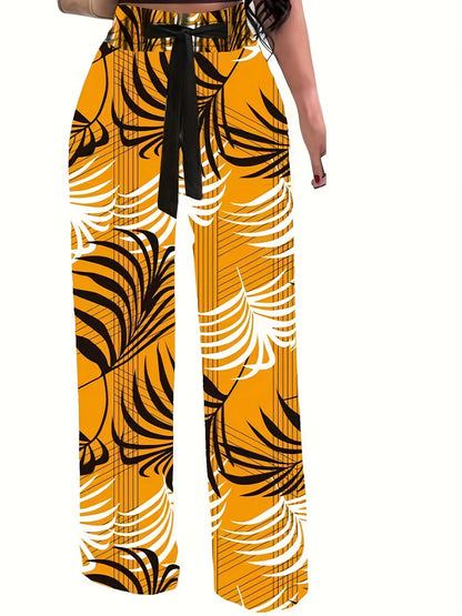 Plant Print Tie Waist Pants, Casual Wide Leg Long Length Pants, Women's Clothing