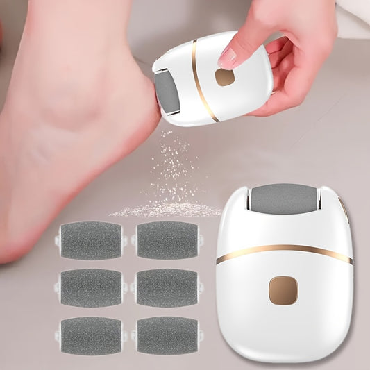 Rechargeable Electric Foot Exfoliator with 6 Replaceable Heads, for Dead Skin Removal and Polishing, USB Powered, a Smooth Two-color Design (White and Golden), Ergonomic Handle for Comfortable Use